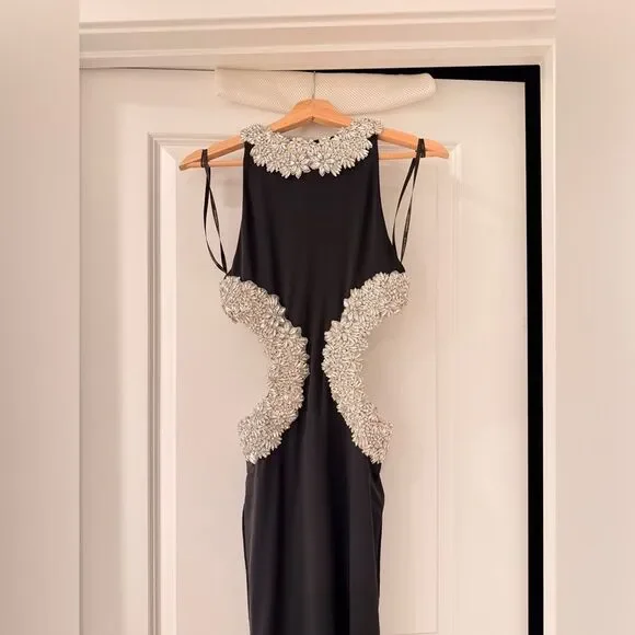 NWOT BRONX AND BANCO Camila Black Rhinestone Cutout Gown - Picture 7 of 16